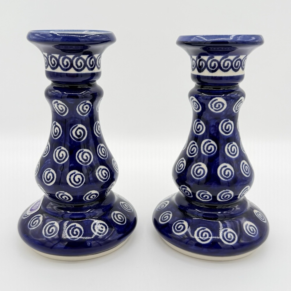 Vintage Pair‎ Polish Pottery Boleslawiec Candlesticks Blue Swirl Handmade Poland